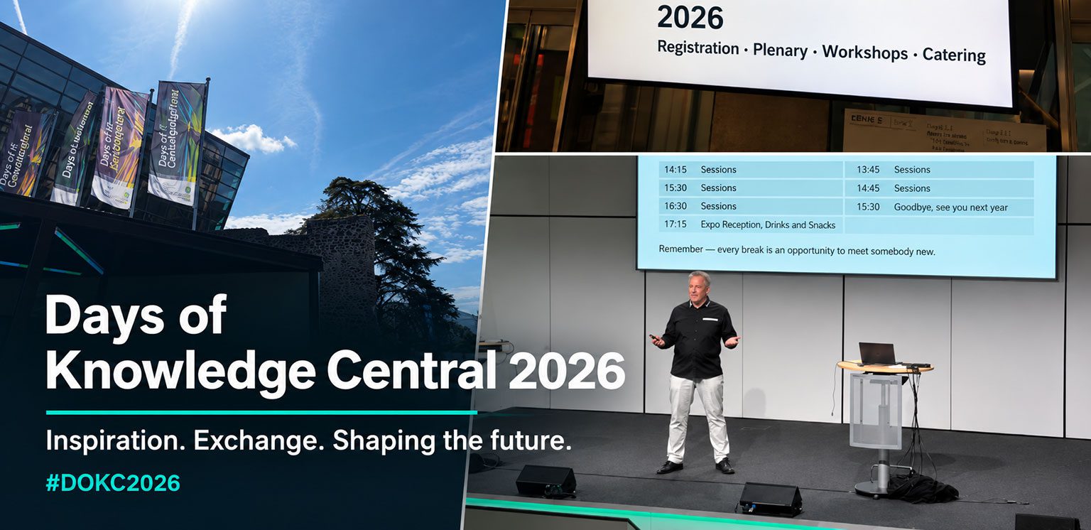 Days of Knowledge Central 2026 conference with a keynote speaker presenting the event schedule on stage.