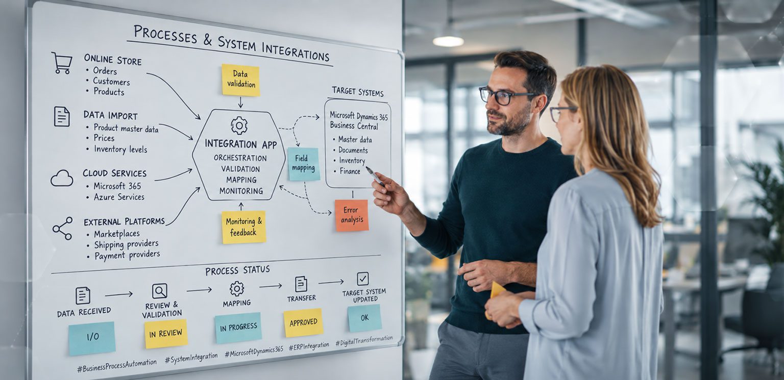 Business process automation workflow connecting online stores, cloud services and external platforms with Microsoft Dynamics 365 Business Central.