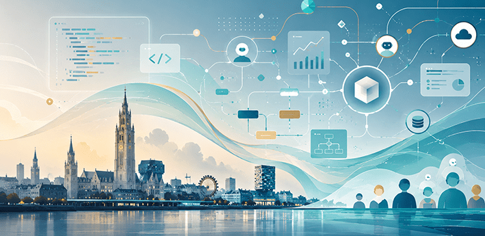 Skyline von Antwerpen mit abstrakten KI- und Business-Central-Elementen