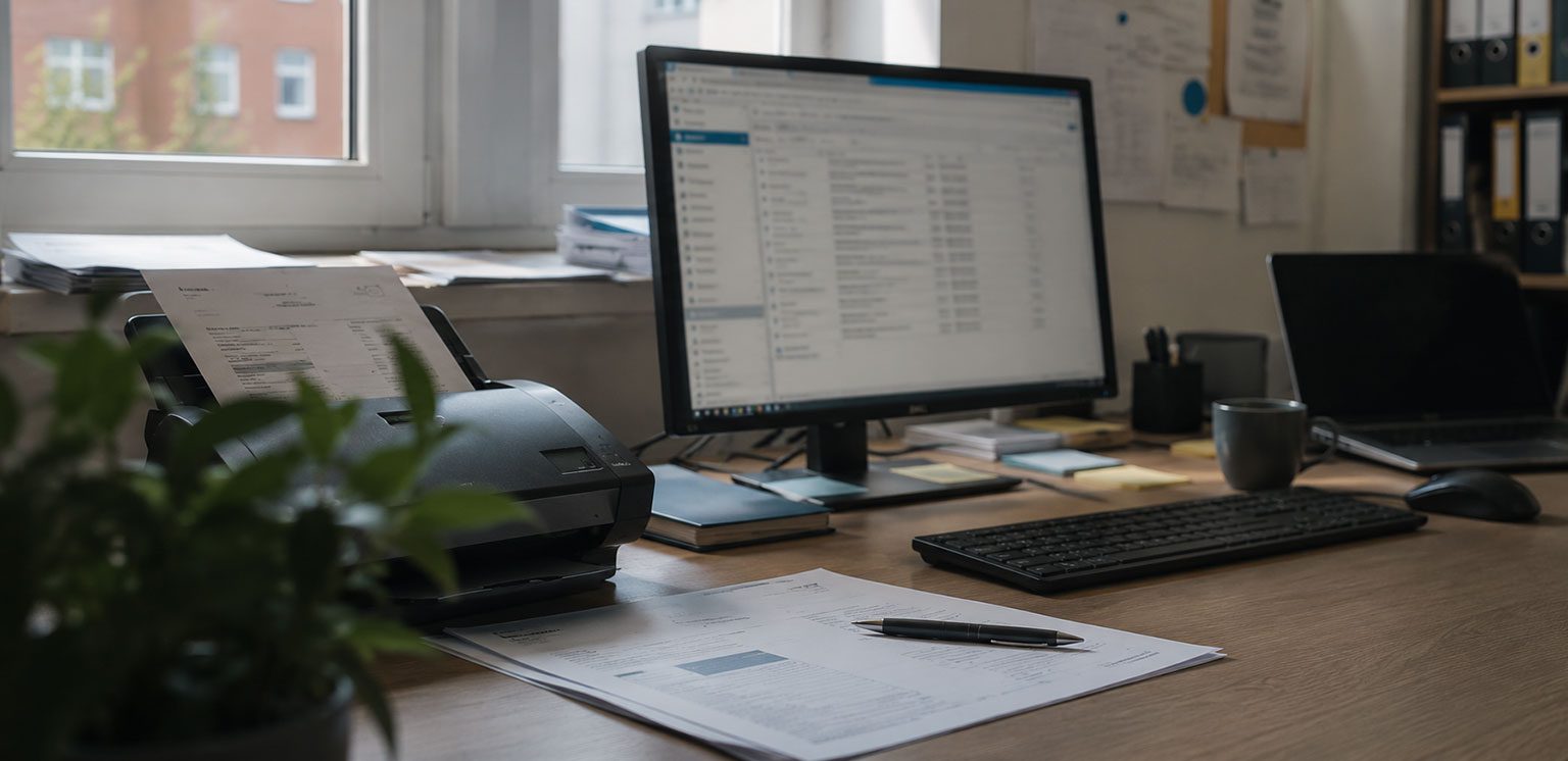 Moderner Buchhaltungsarbeitsplatz mit Dokumentenscanner, Eingangsrechnungen und digitalem Rechnungseingang in Microsoft Dynamics 365 Business Central.