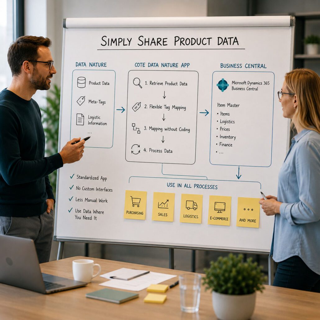 Two colleagues discussing the OTE DATA NatuRe App process at a whiteboard