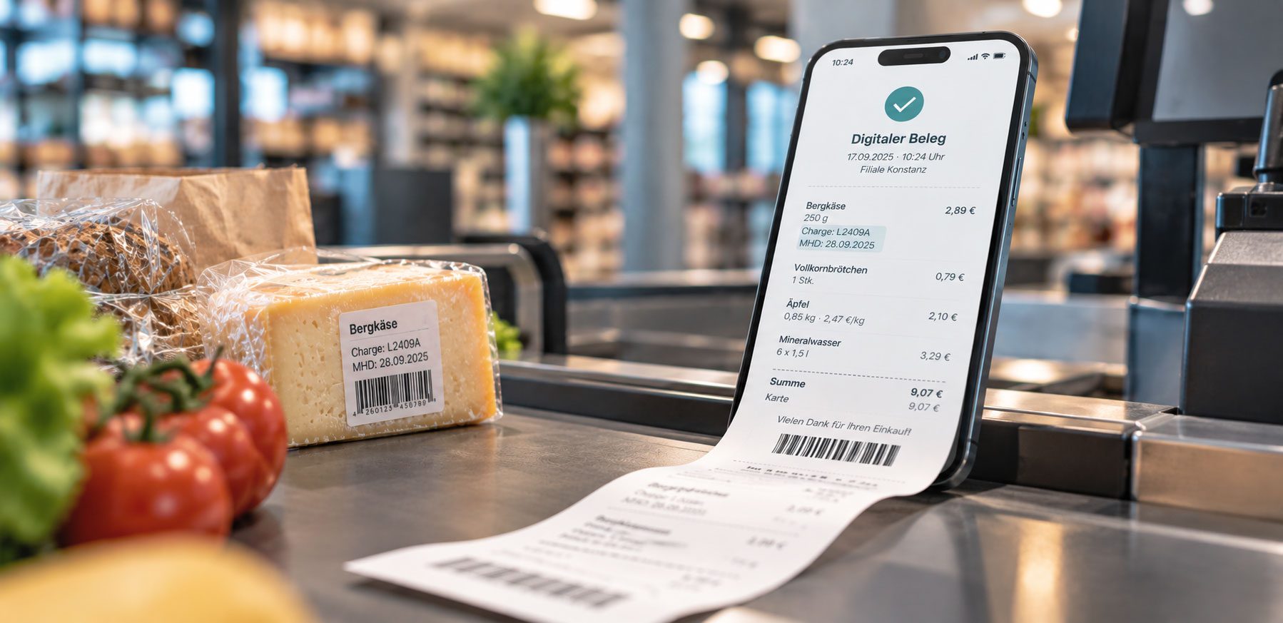 Kassenband mit mehreren Produkten und einem Smartphone, auf dem ein digitaler Kassenbon angezeigt wird.