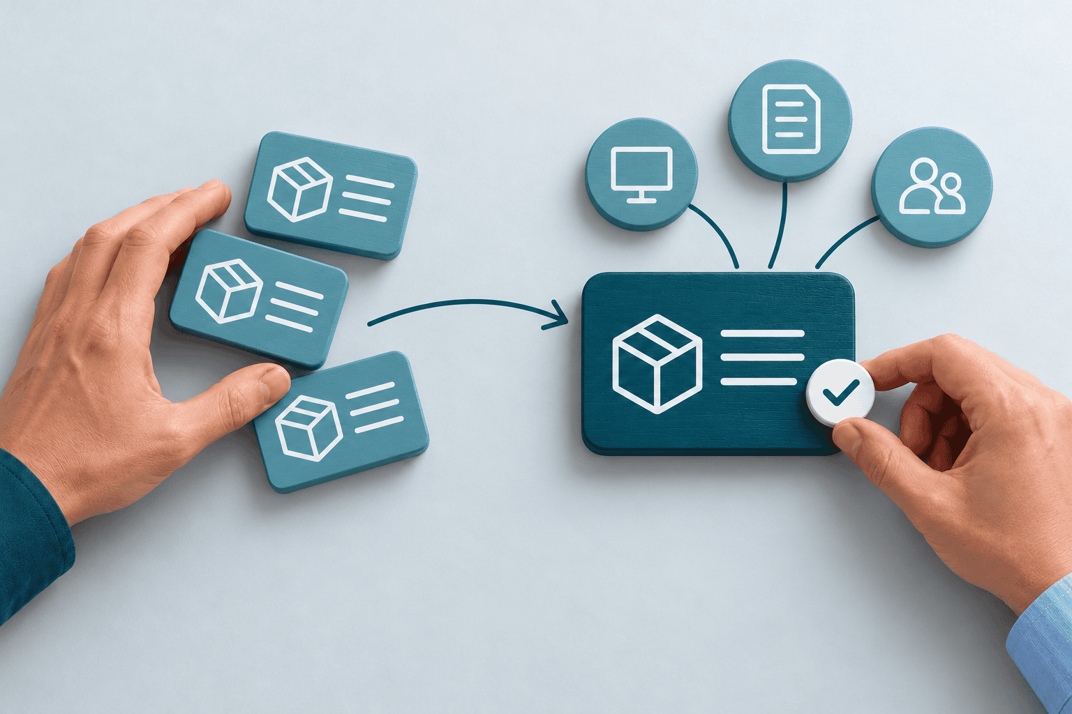 Three identical product data blocks are consolidated into one shared record with a check mark and connected applications.