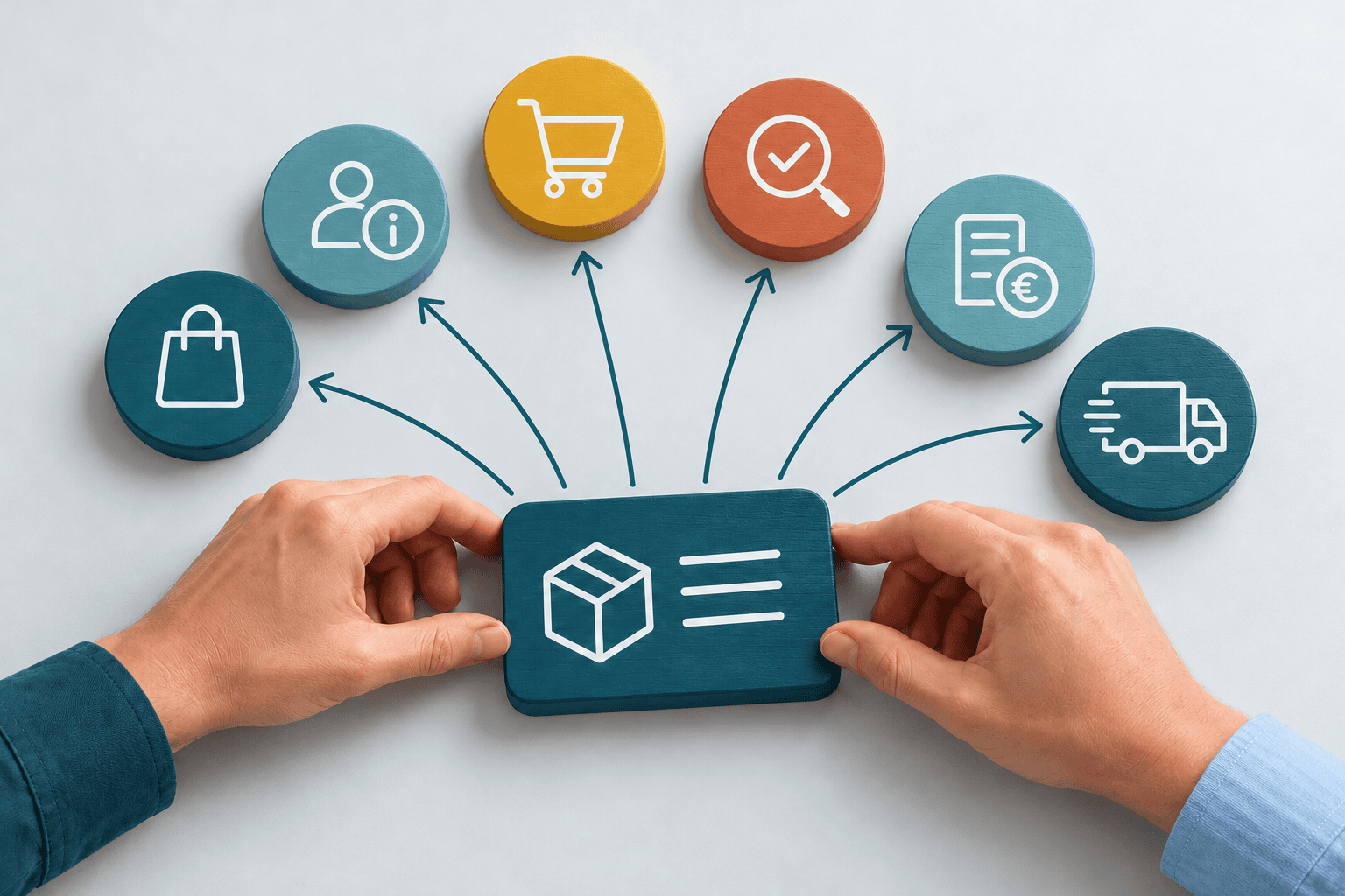 Hands hold a product data block connected to symbols for an online shop, customer information, purchasing, quality assurance, sales and logistics.