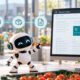 Smartphone mit Lebensmittelbestellung, kleiner KI-Roboter und Bildschirm mit angedeuteter Business-Central-Oberfläche