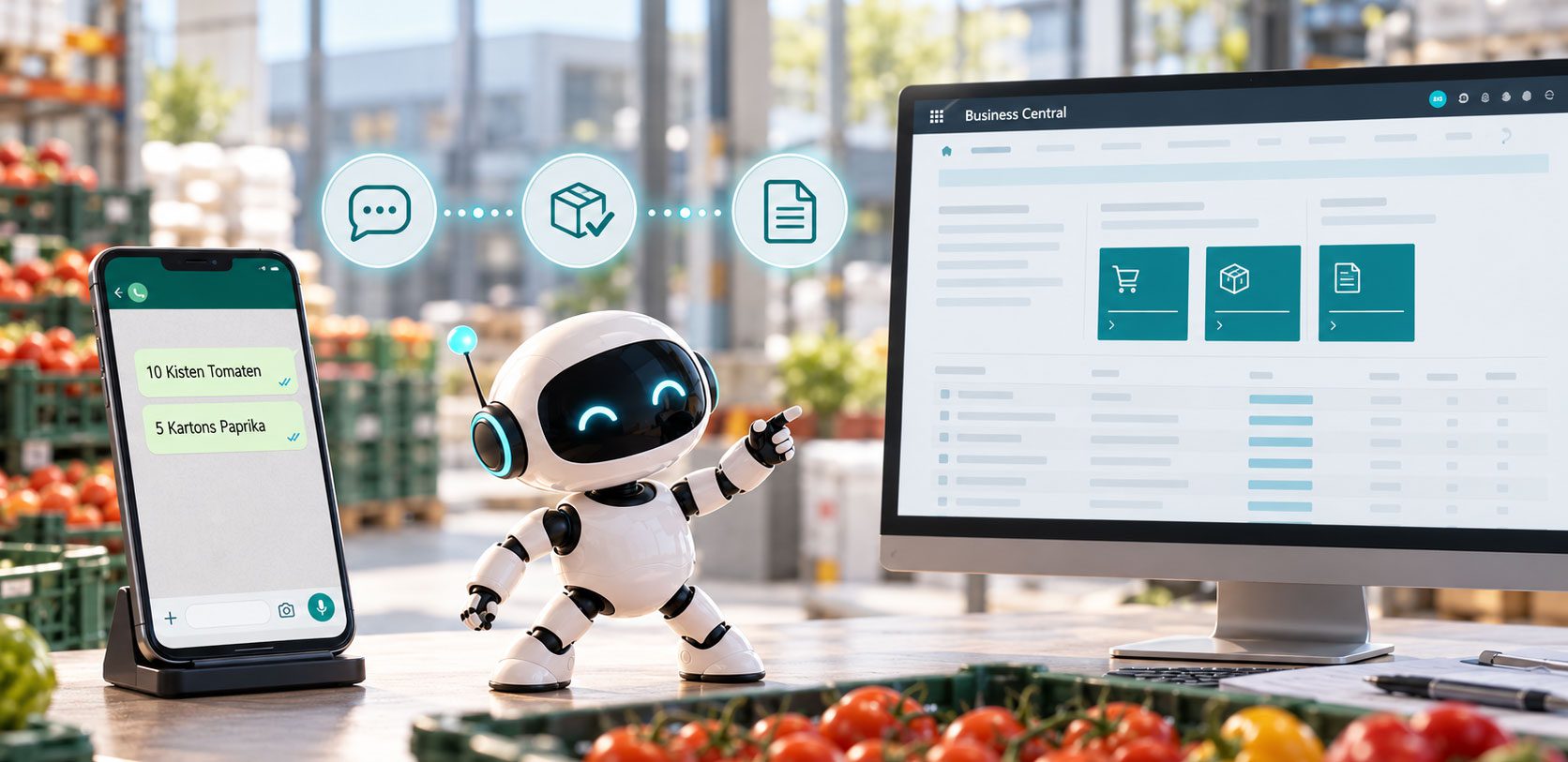 Smartphone mit Lebensmittelbestellung, kleiner KI-Roboter und Bildschirm mit angedeuteter Business-Central-Oberfläche