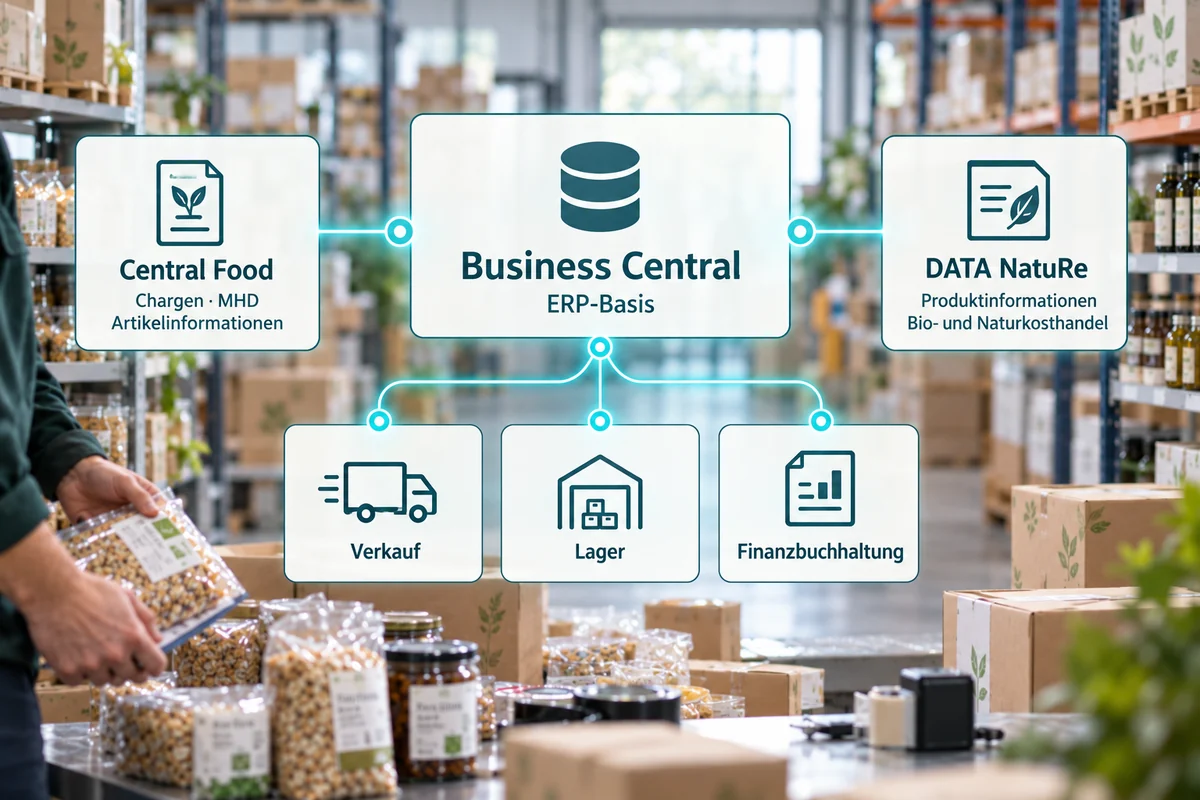 Business Central verbindet Verkauf, Lager und Finanzbuchhaltung, ergänzt durch Central Food für Chargen und MHD sowie DATA NatuRe für Produktinformationen.