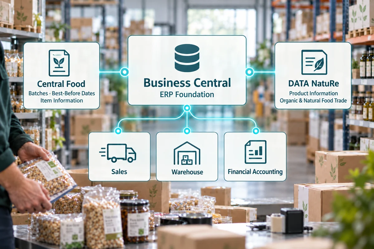 Business Central as the ERP foundation for sales, warehouse and financial accounting, complemented by Central Food and DATA NatuRe.