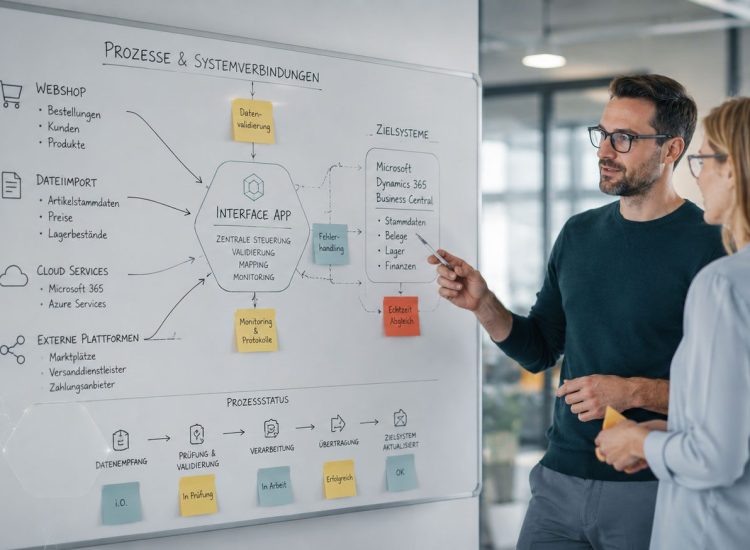 2 Personen stehen vor Whiteboard, Prozess Interface App