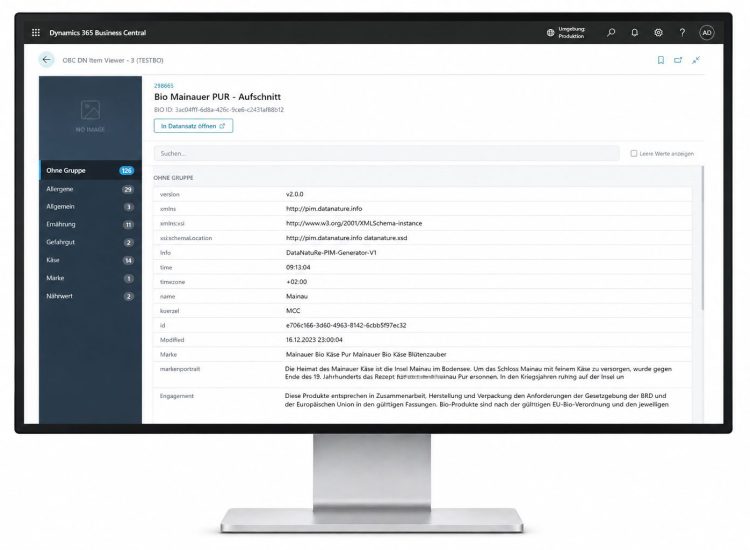 Produktdaten aus DATA NatuRe in Microsoft Dynamics 365 Business Central